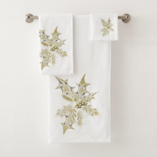 Gold Foil Look Holly On White Bath Towel Set