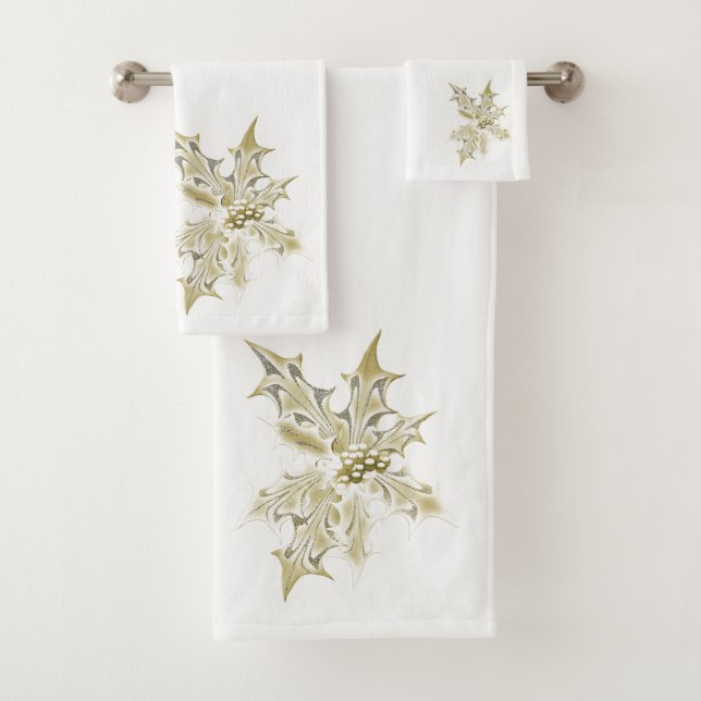 Gold Foil Look Holly On White Bath Towel Set (Insitu)