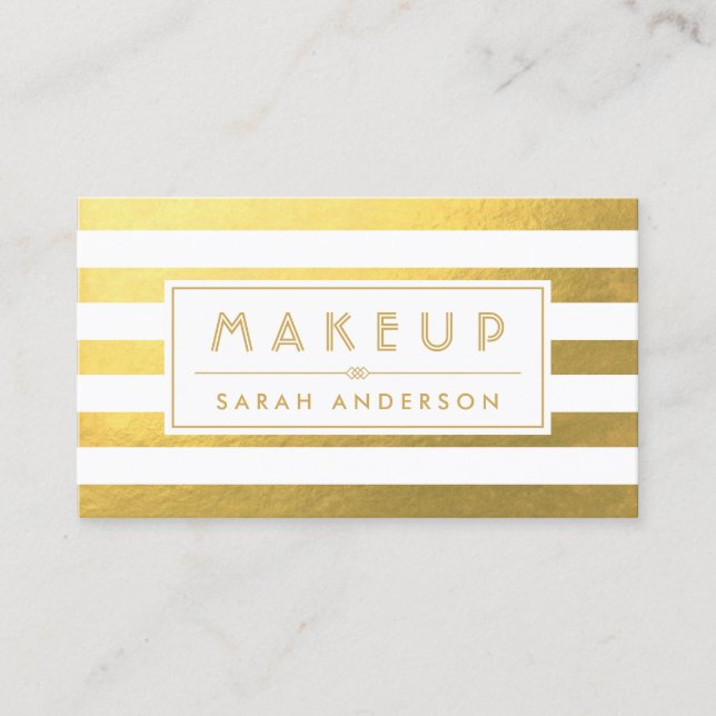Gold Foil Look Makeup Typography and White Stripes Business Card (Front)