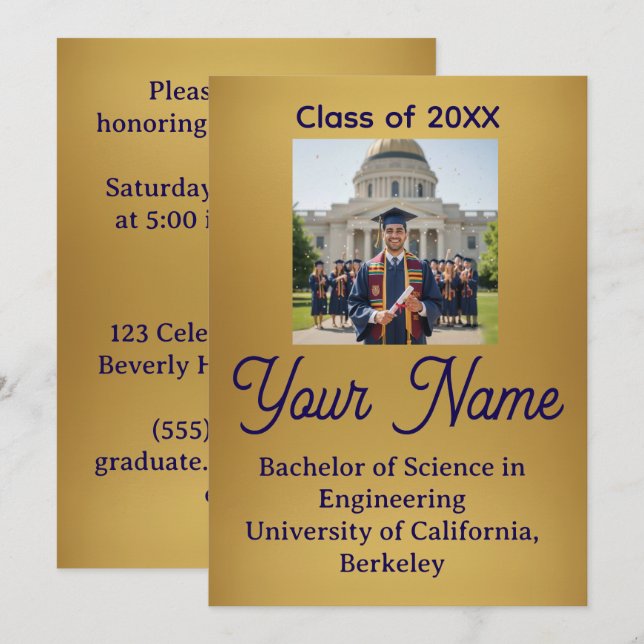 Gold Foil Look Minimalist Graduation Announcement  (Front/Back)