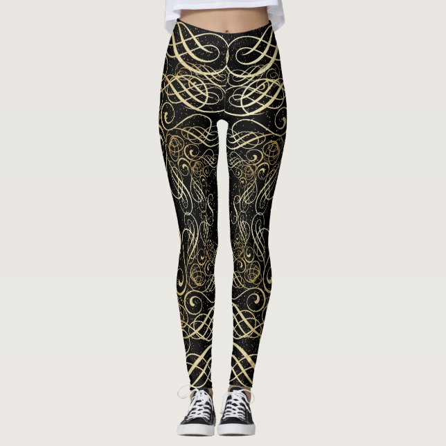 Gold Foil Look Scrollwork Script on Black Elegant Leggings (Front)