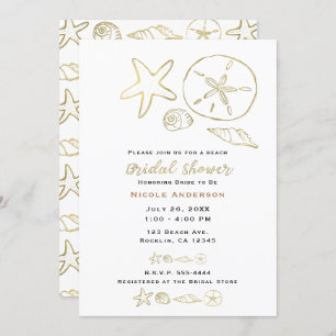 Gold Foil Look Sea Shells Chic Beach Bridal Shower Invitation