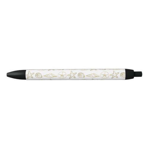 Gold Foil Look Sea Shells Chic Beach Elegant White Black Ink Pen