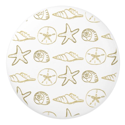 Gold Foil Look Sea Shells Chic Beach Elegant White Ceramic Knob