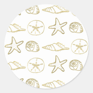 Gold Foil Look Sea Shells Chic Beach Elegant White Classic Round Sticker