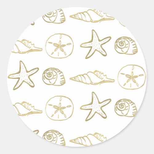 Gold Foil Look Sea Shells Chic Beach Elegant White Classic Round Sticker