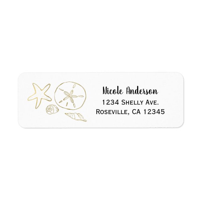 Gold Foil Look Sea Shells Chic Beach Elegant White Label (Front)