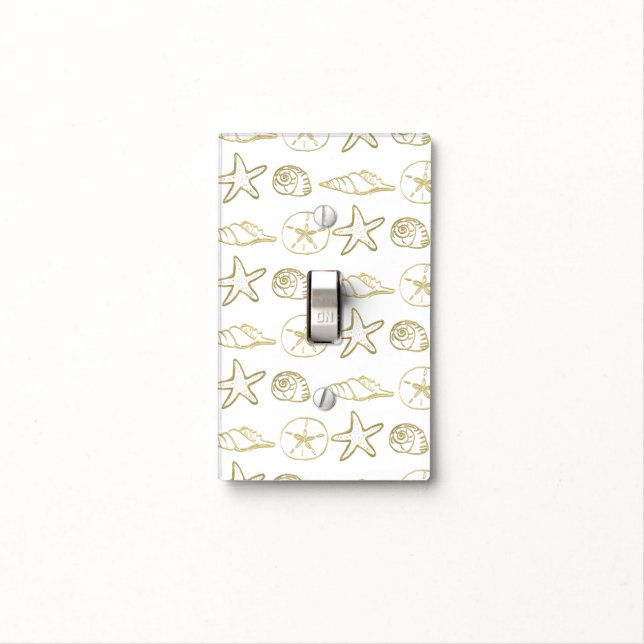 Gold Foil Look Sea Shells Chic Beach Elegant White Light Switch Cover (In Situ)