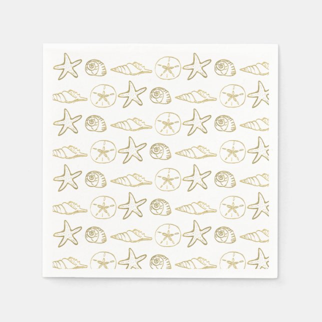 Gold Foil Look Sea Shells Chic Beach Elegant White Napkins (Front)