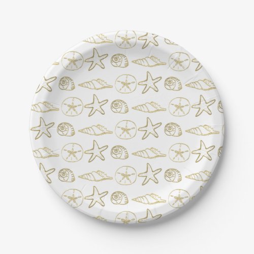 Gold Foil Look Sea Shells Chic Beach Elegant White Paper Plates