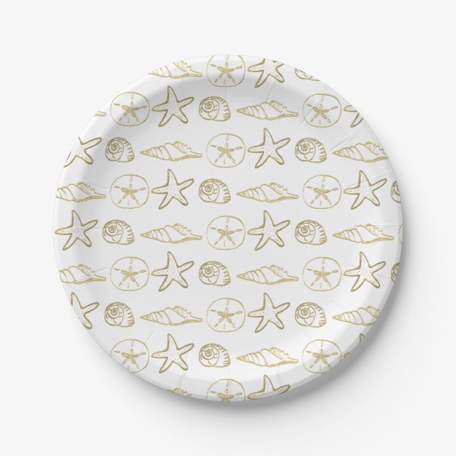 Gold Foil Look Sea Shells Chic Beach Elegant White Paper Plates (Front)
