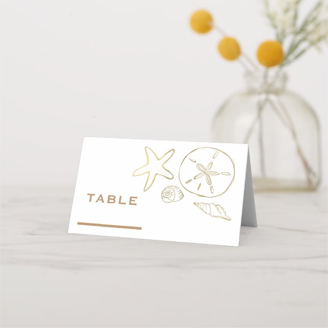 Gold Foil Look Sea Shells Chic Beach Elegant White Place Card (Front)