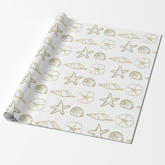 Gold Foil Look Sea Shells Chic Beach Elegant White Wrapping Paper ...