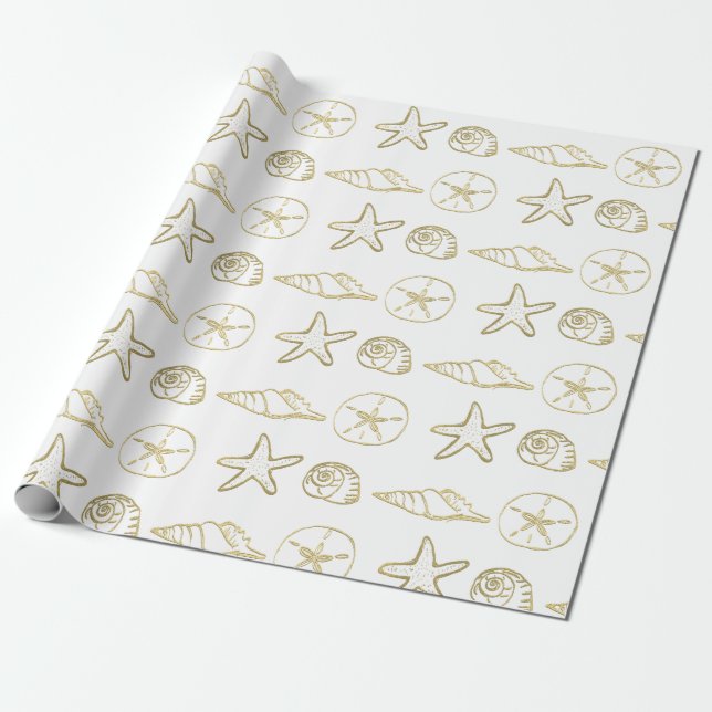 Gold Foil Look Sea Shells Chic Beach Elegant White Wrapping Paper (Unrolled)