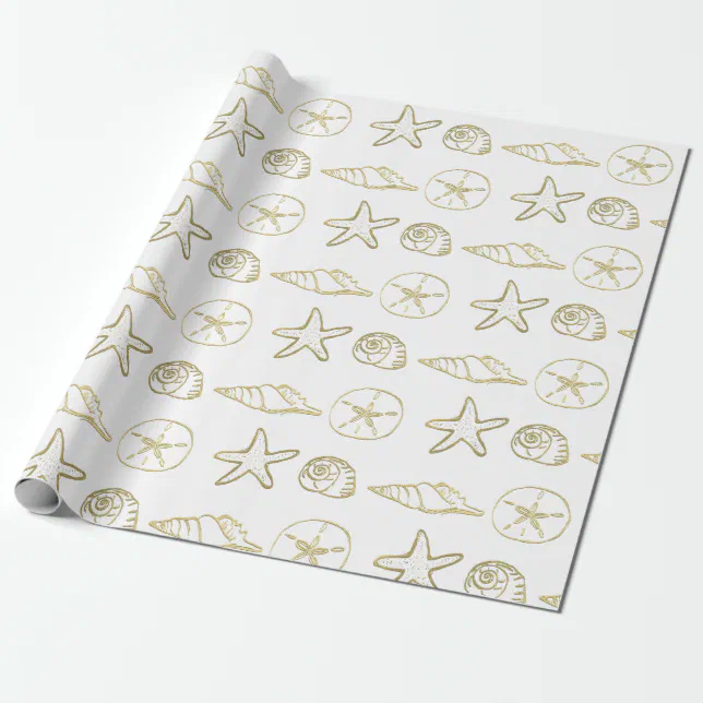 Gold Foil Look Sea Shells Chic Beach Elegant White Wrapping Paper | Zazzle