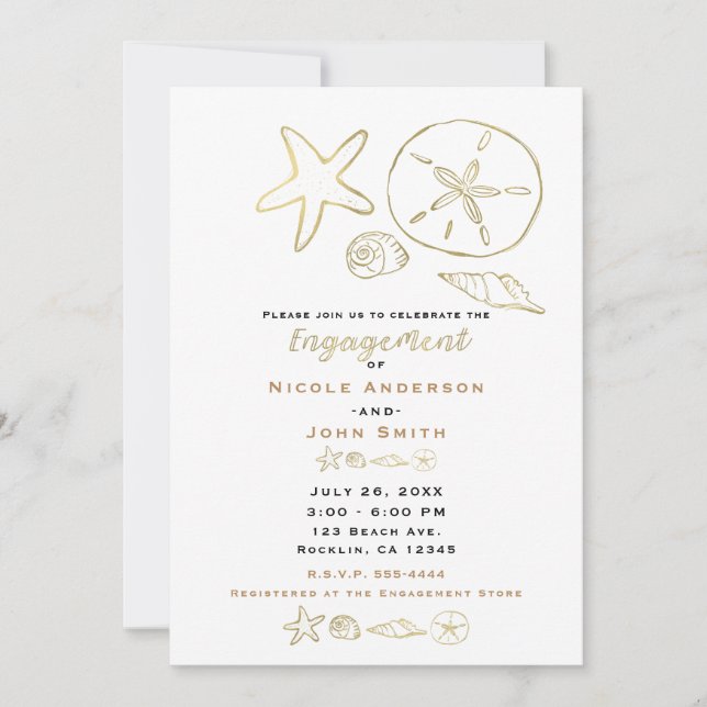 Gold Foil Look Sea Shells Chic Beach Engagement Invitation (Front)