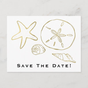 Gold Foil Look Sea Shells Chic Beach Save the Date Postcard