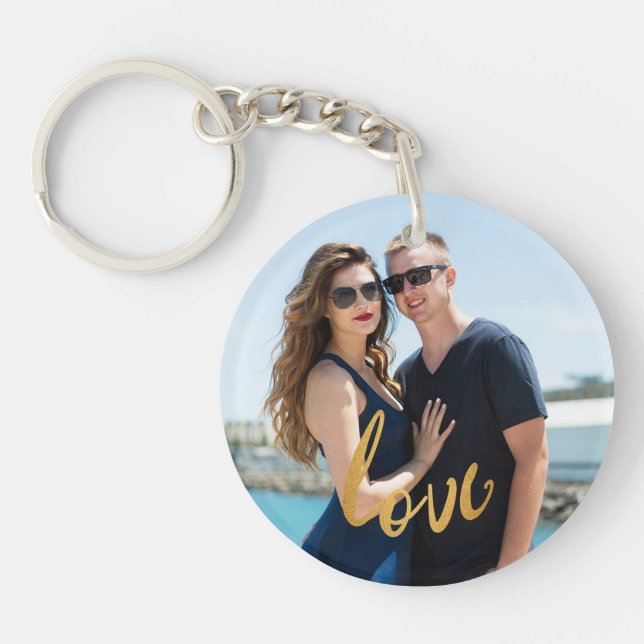 Gold Foil Love Script Custom Photo Keychain (Front)