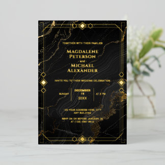 Gold Foil Luxury Black Marble Art Deco Wedding Invitation