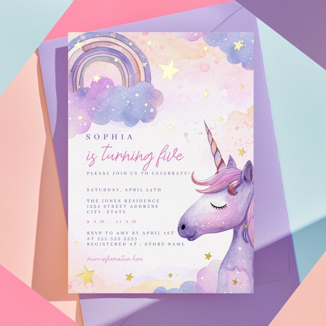 Gold Foil Magical Purple Unicorn Girls Birthday Foil Invitation (Creator Uploaded)