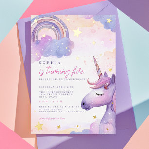 Gold Foil Magical Purple Unicorn Girls Birthday Invitation