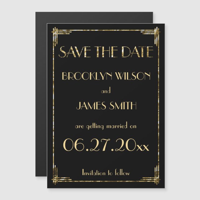 Gold Foil Magnetic Art Deco Wedding Save The Date Magnetic Invitation (Front/Back)