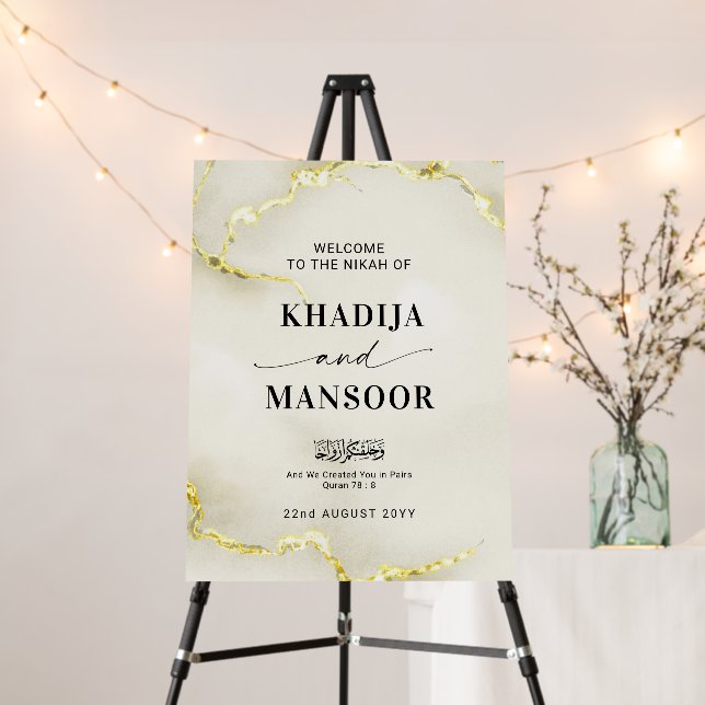 Gold Foil Marble Islamic Wedding Welcome Sign (In Situ (Stand))