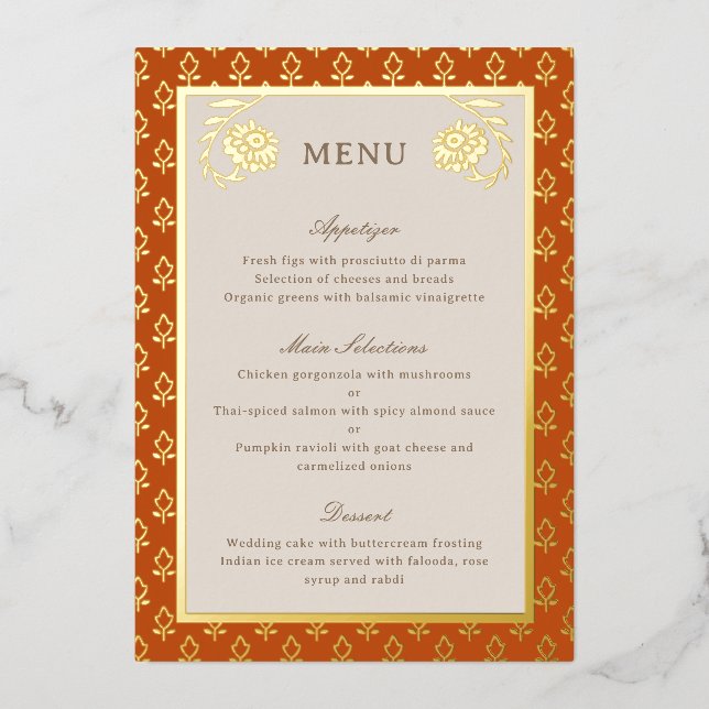 Gold Foil Marigold Flower Wedding Menu Card (Front)