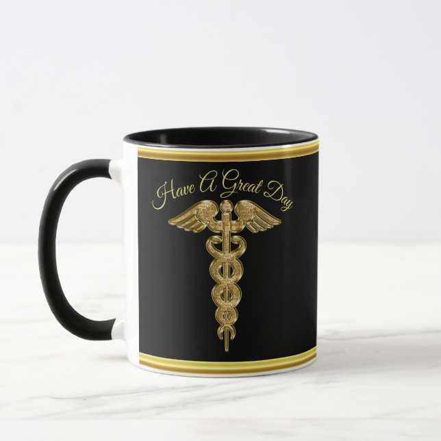 Gold foil medical alert badge mug (Left)