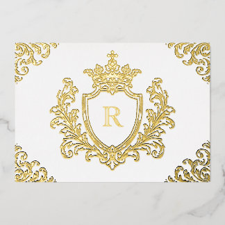 Gold Foil Medieval Crest Monogram Initial Baptism Invitation