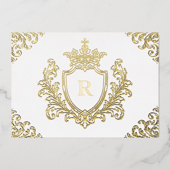 Gold Foil Medieval Crest Monogram Initial Baptism Invitation (Front)