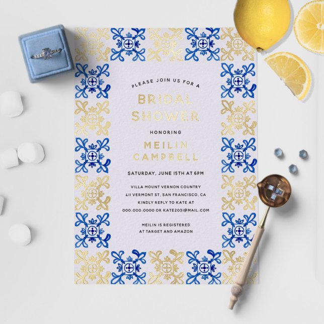 Gold Foil Mediterranean Blue Tile Bridal Shower Foil Invitation (Creator Uploaded)