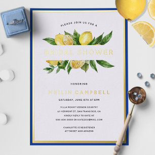 Gold Foil Mediterranean Tile Lemon Bridal Shower Foil Invitation