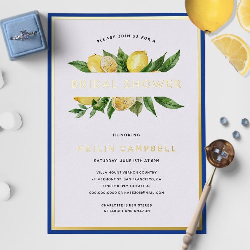 Gold Foil Mediterranean Tile Lemon Bridal Shower Foil Invitation