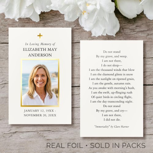 Gold Foil Memorial Funeral Prayer Photo Cream Card