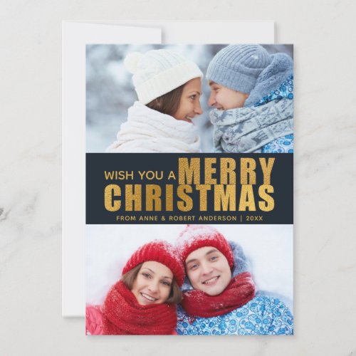 Gold Foil Merry Christmas 2 Photo Collage Custom Holiday Card