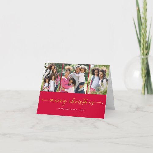 Gold Foil Merry Christmas  Modern Three Photo Holiday Card