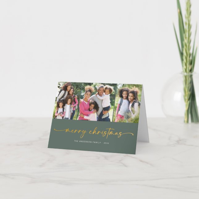Gold Foil Merry Christmas | Modern Three Photo  Holiday Card (Front)