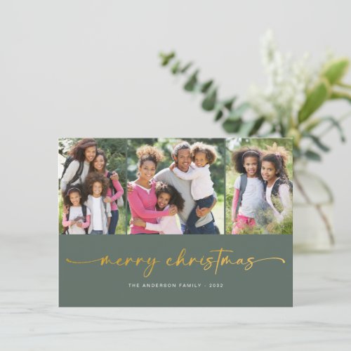 Gold Foil Merry Christmas  Modern Three Photo Holiday Card