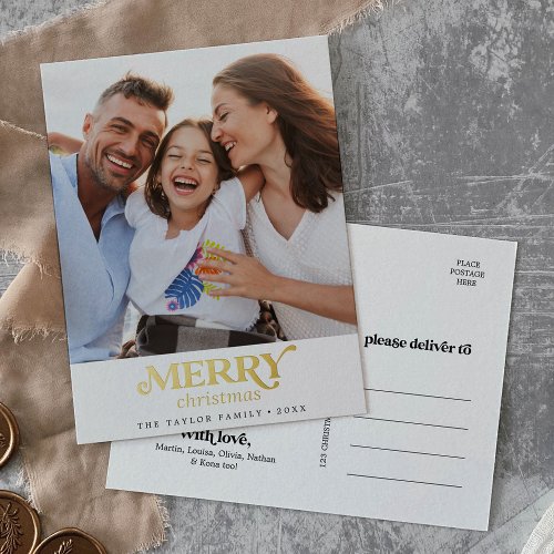 Gold Foil Merry Christmas Portrait Photo Foil Holiday Postcard