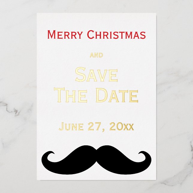 Gold Foil Merry Christmas Save The Date Moustache Foil Invitation (Front)