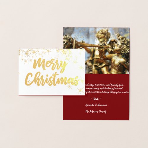 Gold Foil Merry Christmas Script Foto Angels Snow Foil Card