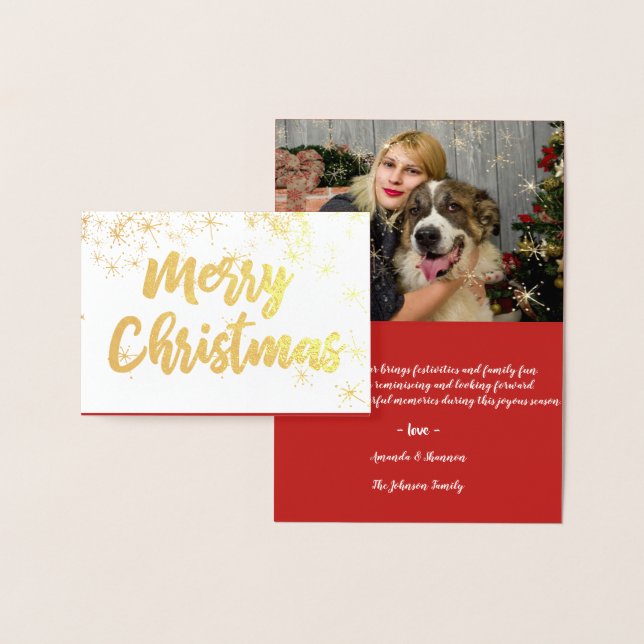 Gold Foil Merry Christmas Script Foto Hearts Snow Foil Card (Display)