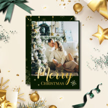 Gold Foil Merry Christmas Script Green Photo