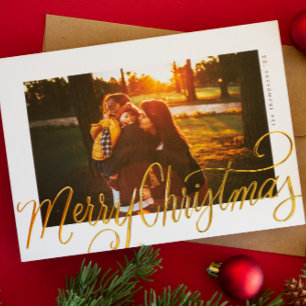 Gold Foil Merry Christmas Script Lettering Photo Holiday Card