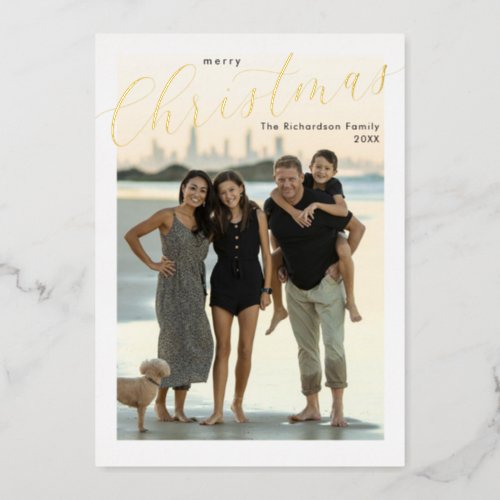 Gold foil Merry Christmas simple script modern  Foil Holiday Card