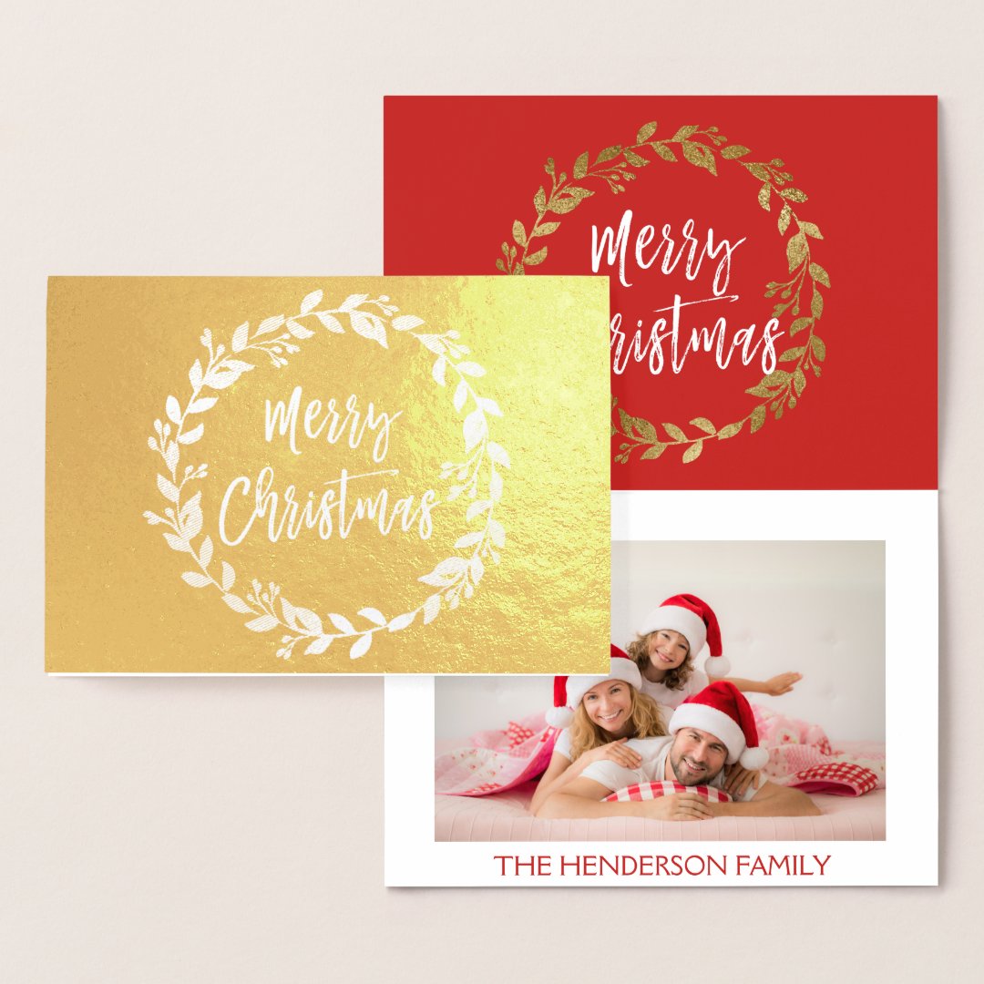 Gold Foil Merry Christmas Wreath Photo Card | Zazzle