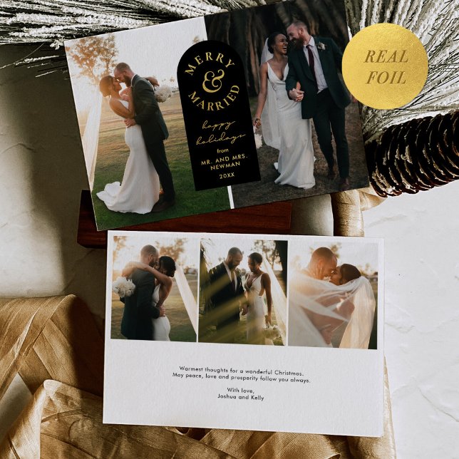 Gold Foil Merry & Married Wedding Photo Holiday  Foil Invitation (Creator Uploaded)