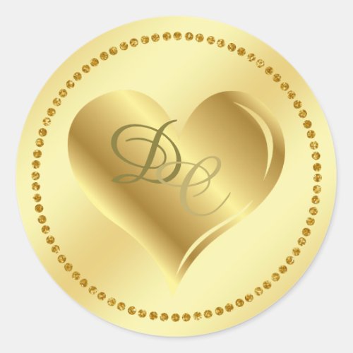 Gold Foil Metallic Heart Monogram Wedding Sticke Classic Round Sticker
