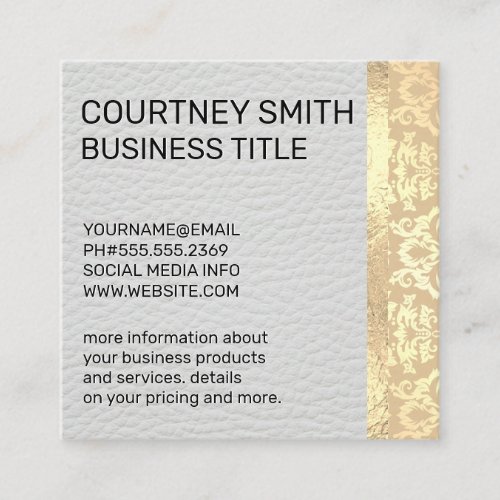 Gold Foil Metallic Trim Damask White Leather Square Business Card